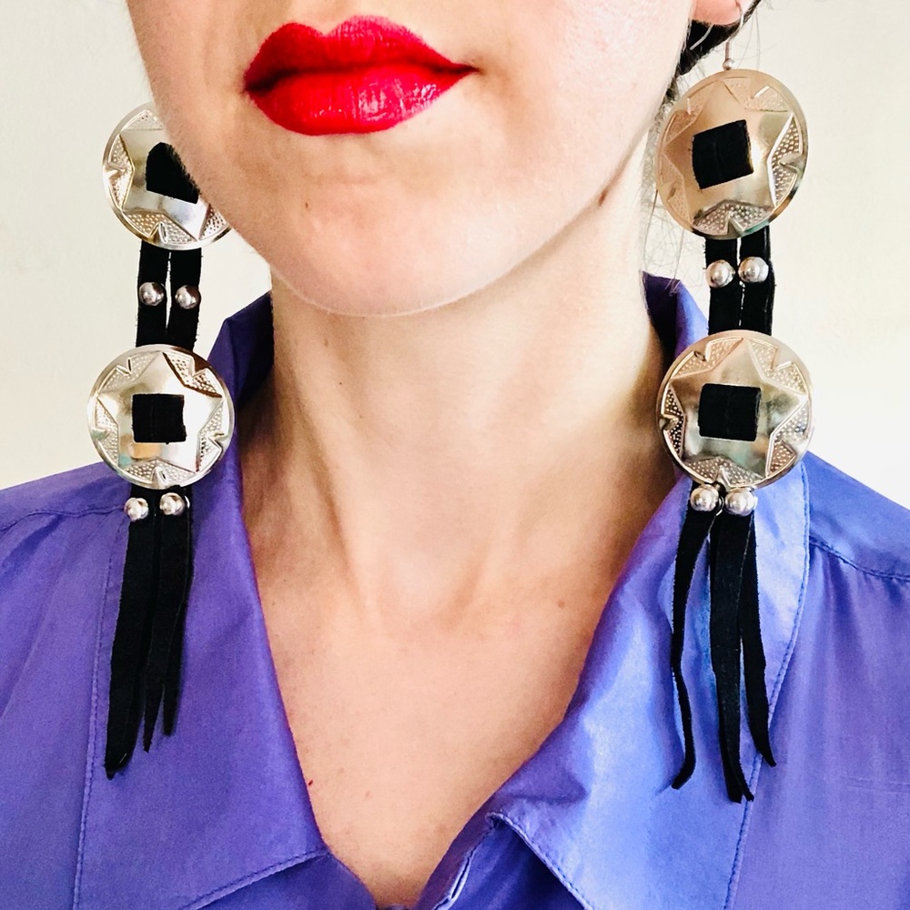 Handcrafted Black Large Genuine Leather Western Fringe Silver Concho Earrings